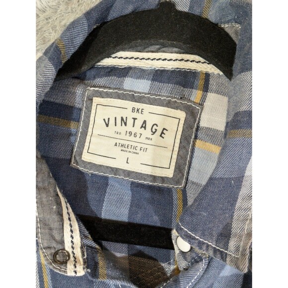 BKE Vintage Button Large shirt athletic fit long sleeve blue plaid pearl snap - Picture 2 of 7